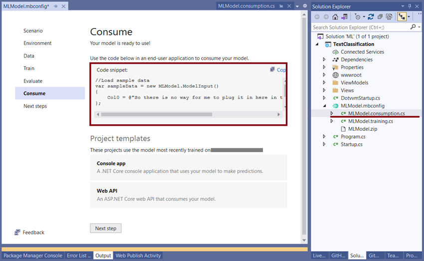 Sentiment analysis in an ASP.NET web application with ML.NET